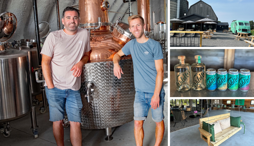 A collage of photos: WildLot owners, distillery, ready-to-drink products