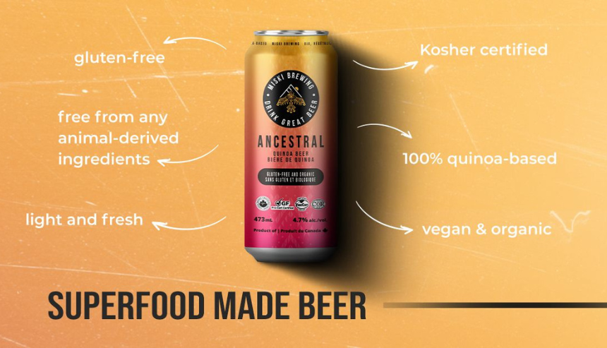 A can of Ancestral Beer - "Superfood Made Beer" and it's several benefits.