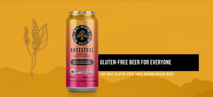 http://Miski%20Brewing's%20Ancestral%20Beer,%20a%20can%20of%20gluten-free%20beer%20can%20with%20quinoa%20plant%20drawing%20next%20to%20it.