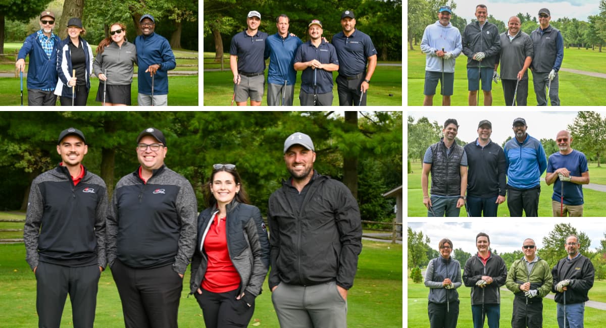 Six different group photos in a photo grid. Each photo shows four people in golf clothing, on a golf course.