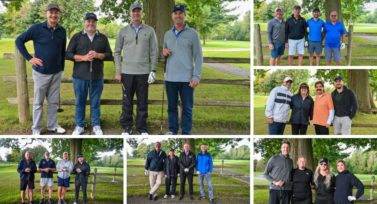 Six different group photos in a photo grid. Each photo shows four people in golf clothing, on a golf course.