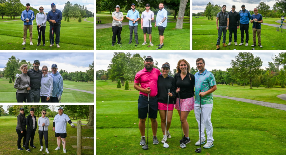 Six different group photos in a photo grid. Each photo shows four people in golf clothing, on a golf course.